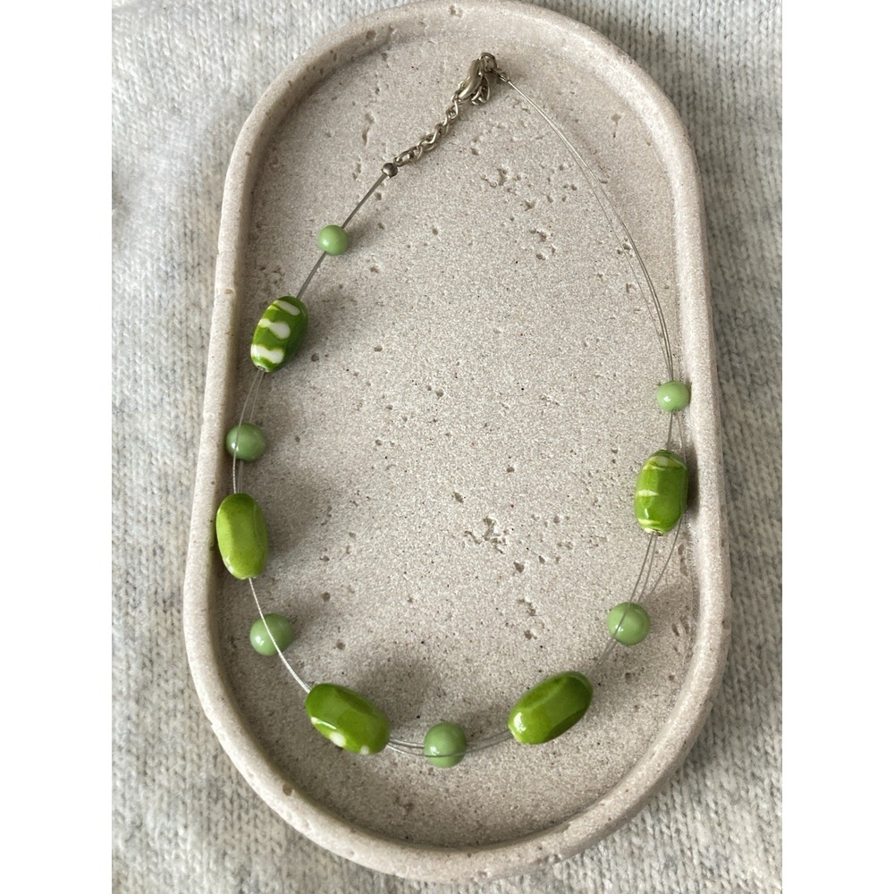 Pea Green Beaded‎ Illusion Necklace Floating Wire Collar Chunky Retro Statement